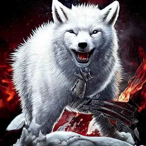 Image similar to angry devil white polar fox with sharp teeth wearing medieval armor presented as god of destruction, ice and fire, postapocalyptic world, hyperrealistic, highly detailed