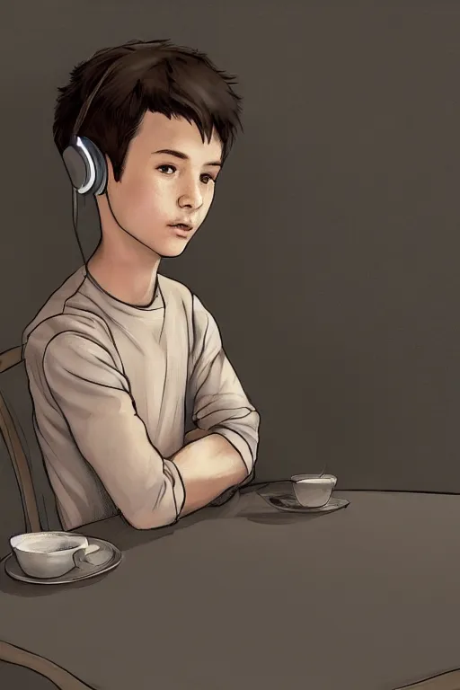 Image similar to a boy with headphones sitting on a table in a cafe, digital art, digital painting, masterpiece, concept art, trending on deviantart, highly detailed, high quality, anatomically correct, five fingers, cinematic, high coherence, soft lighting, soft colors, beautiful, elegant, short black hair, 4 k, symmetrical, realistic and detailed face, cartoon