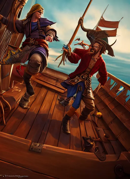 Image similar to an epic fantasy comic book style portrait painting of two bumbling idiot sky - pirates on the deck of a skyship looking at a chest, unreal 5, daz, hyperrealistic, octane render, cosplay, rpg portrait, dynamic lighting