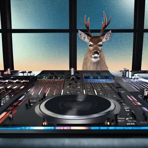 Image similar to “a deer dj behind the turntables octane render hyperrealism, dynamic lighting 8k”