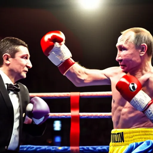 Prompt: a boxing fight between Volodymyr Zelensky and Vladimir Putin. Good light. Blurred background