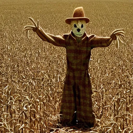 Prompt: ”scarecrow in a cornfield shaped like labyrinth”