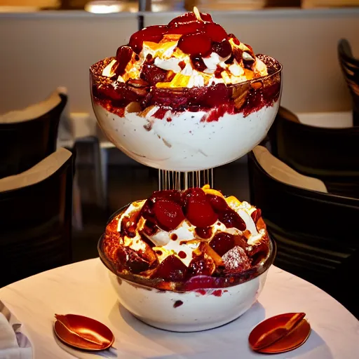 Prompt: 6 ft tall sundae trifle in restaurant, surrounded by customers, flash photography