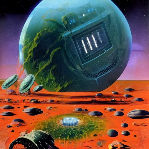 Prompt: a planetscape full of alien life painted by chris foss and wayne douglas barlowe