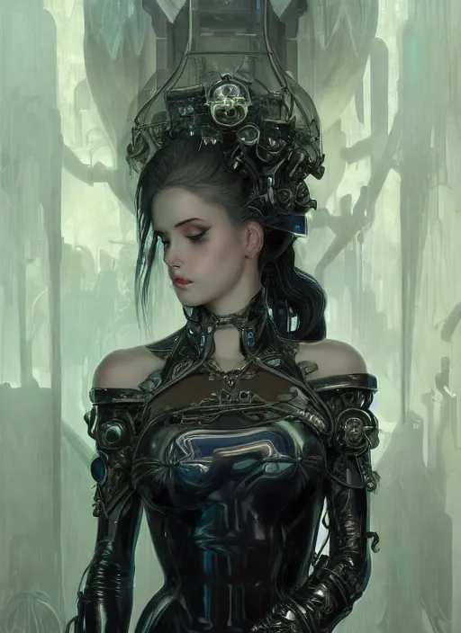 Prompt: portrait of beautiful pale gothic maiden in latex, warhammer 40000, cyberpunk, intricate, elegant, highly detailed, digital painting, artstation, concept art, smooth, sharp focus, illustration, art by artgerm and greg rutkowski and alphonse mucha and Gustav Klimt