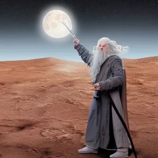 Prompt: a realistic image of gandalf in mars under a full moon