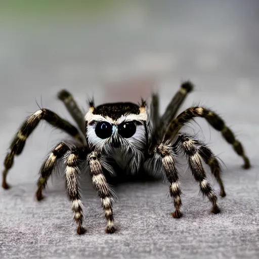 Image similar to jumping spider mixed with owl, cute creature, hybrid, anamorphic lens, bokeh, kodak color film stock, macro shot