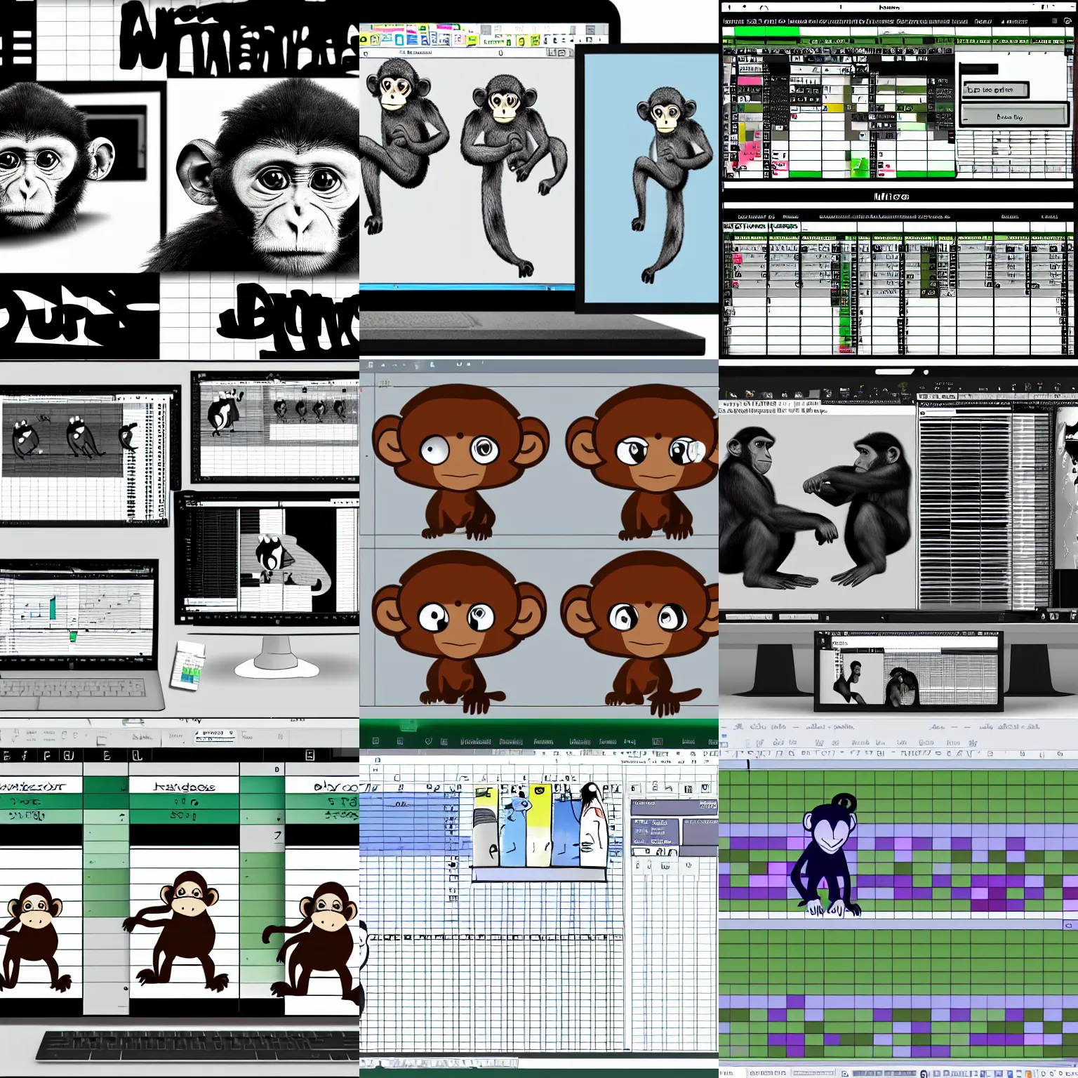 Prompt: monkey types at a desktop computer Microsoft excel, sketch, slapstick , b&w