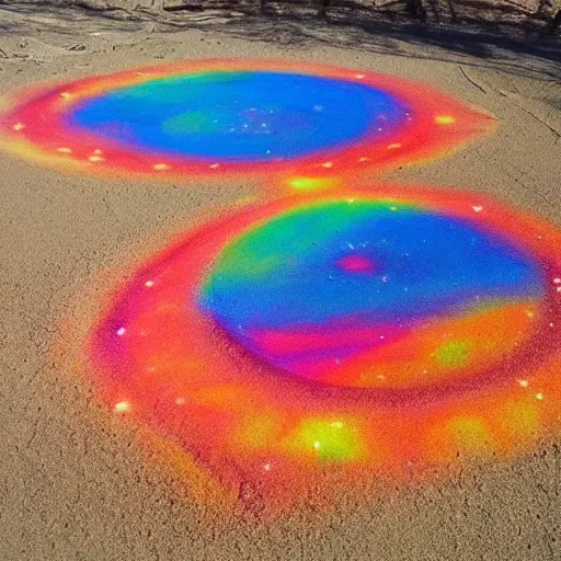 Prompt: Liminal space in outer space, colored sand art