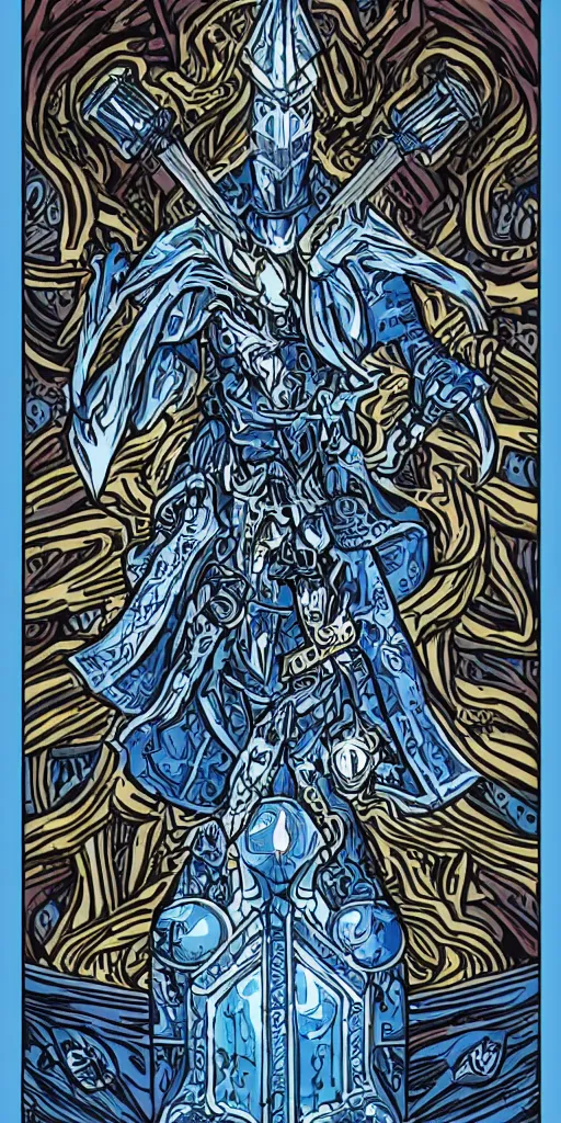 Image similar to Knight of Swords tarot card throne, space fantasy, symmetrical blue white and black, in the style of skottie young