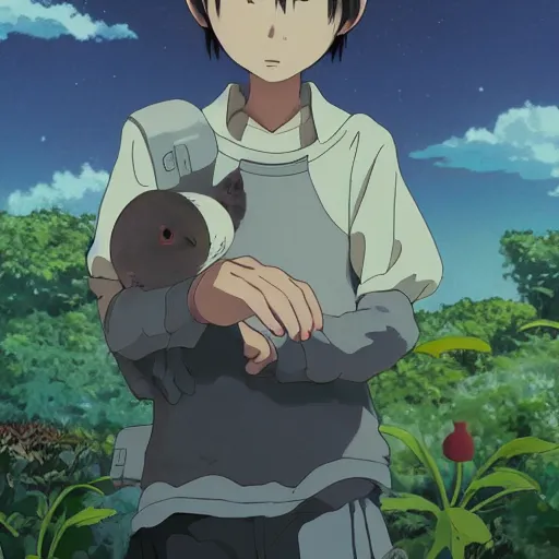 Prompt: friendly guy and small creature , with Fragile looking character portrait face made by Studio Ghibli highly detailed art, beautiful scene, sharp focus, smooth, 8k, anime art, wild, dark, fantasy, peaceful, colorful, clear