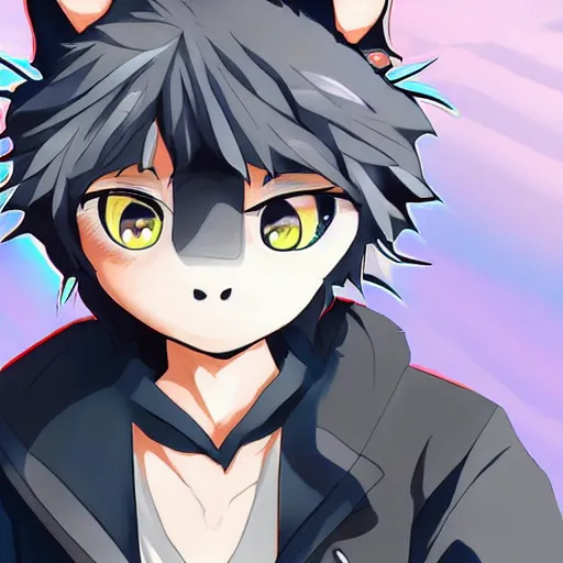 Image similar to key anime visual portrait of an anthropomorphic anthro wolf fursona, in a jacket, with handsome eyes, official modern anime art