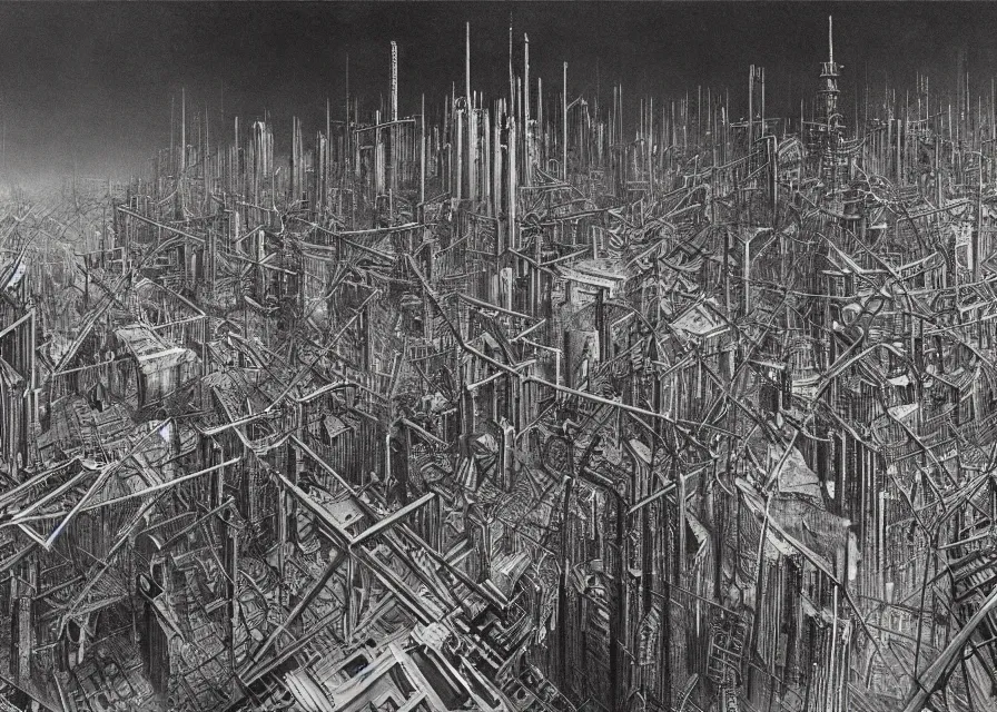 Image similar to dystopian metropolis, panoramic view, very complex architecture, ominous, dark, by bruce pennington, by m. c. escher, by roberto matta