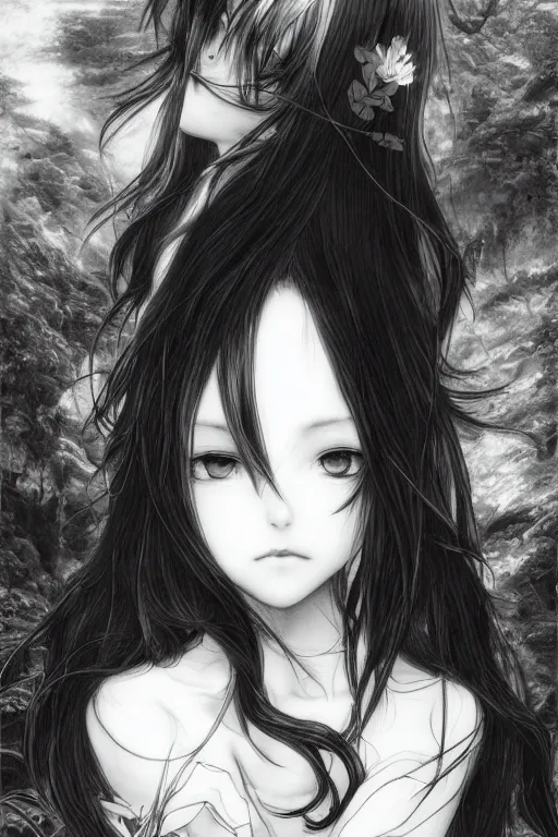 Image similar to a vertical portrait of a character in a scenic environment by Yoshitaka Amano, black and white, dreamy, dark eyes, wavy long black hair, highly detailed