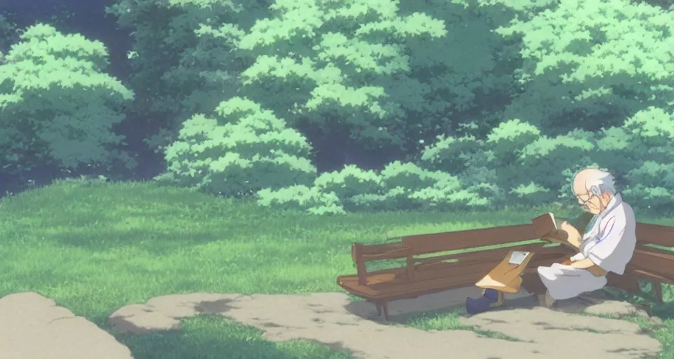 Image similar to screenshot from the anime film by studio ghibli, grandpa reading a book, serene, summer, from the anime film by makoto shinkai