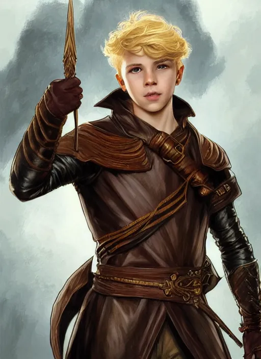 Image similar to an epic fantasy comic book style full body portrait painting of a young blonde boy who is over confident, wearing plain brown leather thief clothes, d & d, fantasy, intricate, elegant, highly detailed, digital painting, artstation, concept art, matte, sharp focus, illustration, art by artgerm and greg rutkowski and alphonse mucha