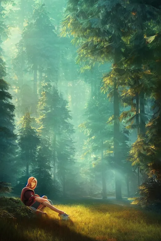 Image similar to pretty young man with long golden hair, trees, detailed forest background, webtoon, breathtaking scenery, colourful, 8 k, graphic novel, digital art trending on artstation, volumetric lighting, octane render, cinematic, hyper detailed, magical atmosphere