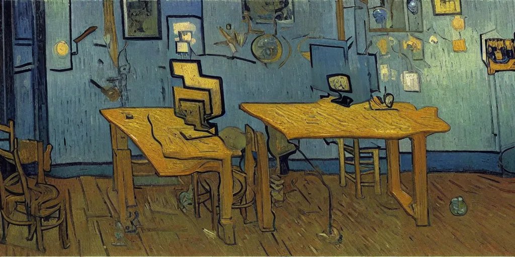 Image similar to An oil painting of a table with a computer on it, by Van Gogh