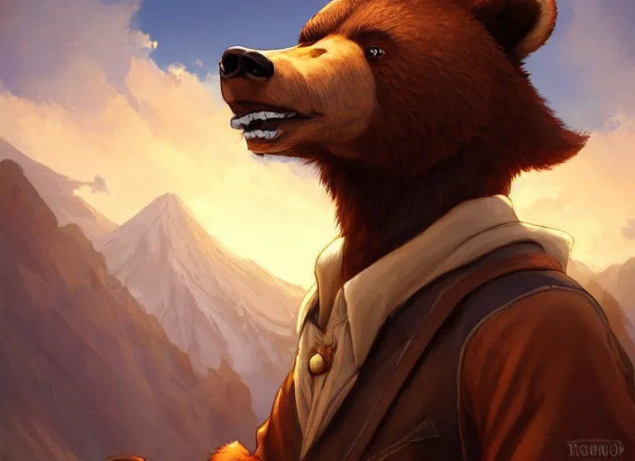 Prompt: character portrait feature of the anthro male anthropomorphic kamchatka brown bear fursona wearing cowboy outfit wild west desperado character design stylized by charlie bowater, ross tran, artgerm, and makoto shinkai, detailed, soft lighting, rendered in octane