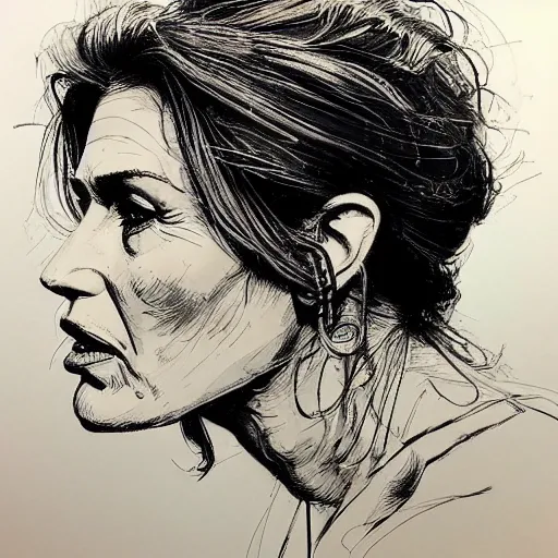 Prompt: a realistic yet scraggly portrait sketch of the side profile of cindy crawford, trending on artstation, intricate details, in the style of frank auerbach, in the style of sergio aragones, in the style of martin ansin, in the style of david aja, in the style of mattias adolfsson