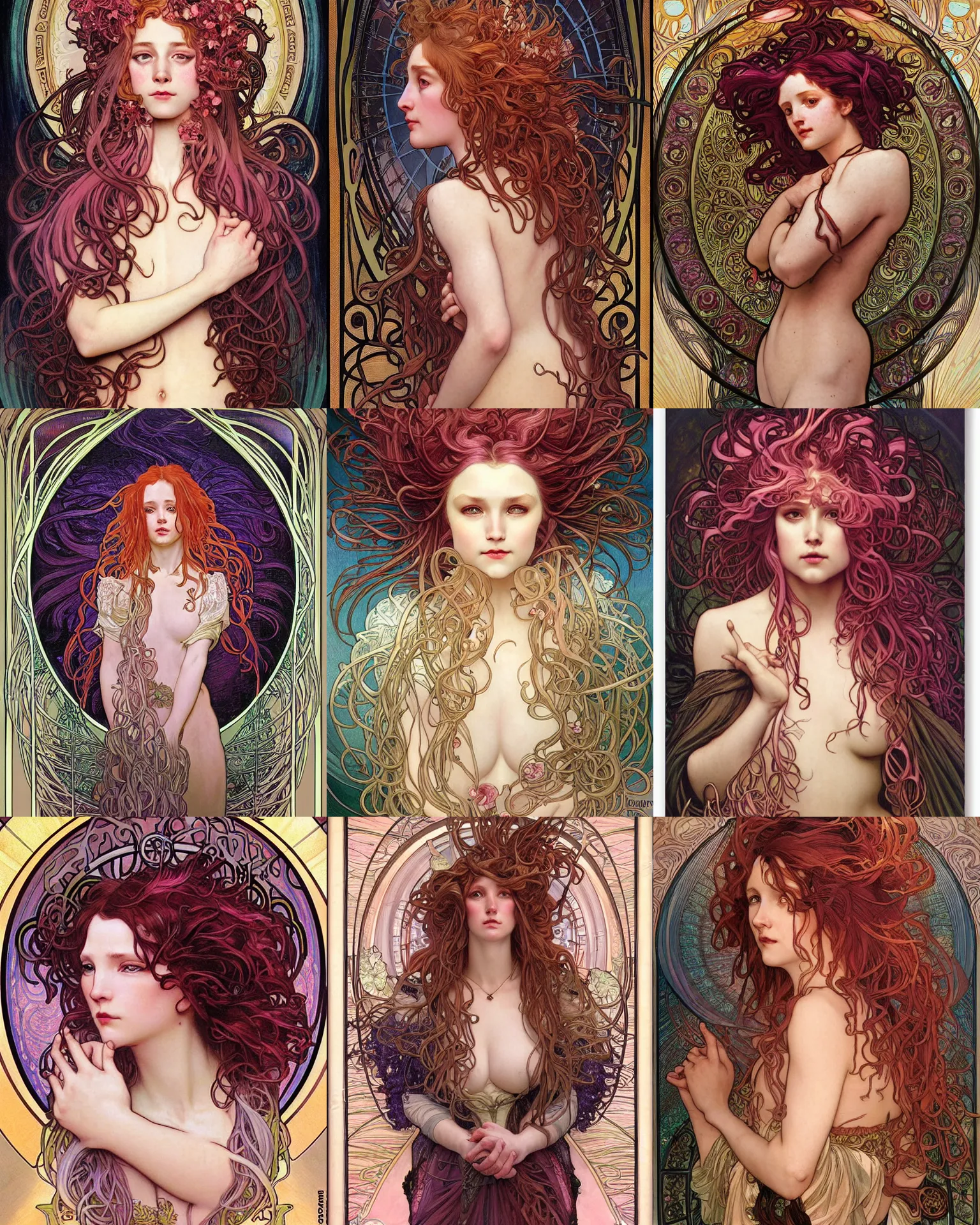 Prompt: realistic detailed portrait of a bloomin onion with long pink hair by alphonse mucha, amano, charlie bowater, karol bak, greg hildebrandt, jean delville, and mel brooks, art nouveau, neo - gothic, gothic, dark ominous lighting