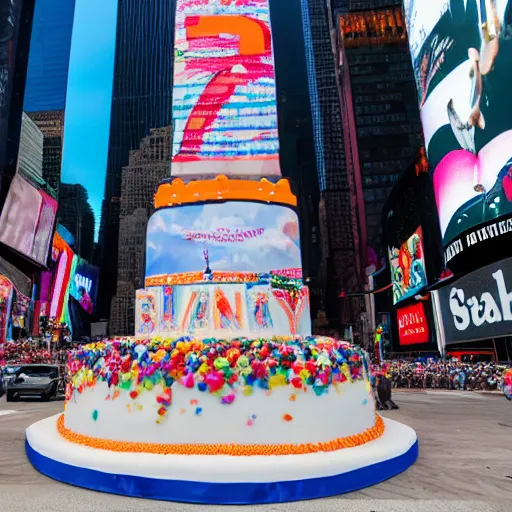 Image similar to 5 0 ft high birthday cake in the middle of times square, canon eos r 3, iso 2 0 0, 1 / 1 6 0 s, 8 k, raw, unedited, symmetrical balance, in - frame