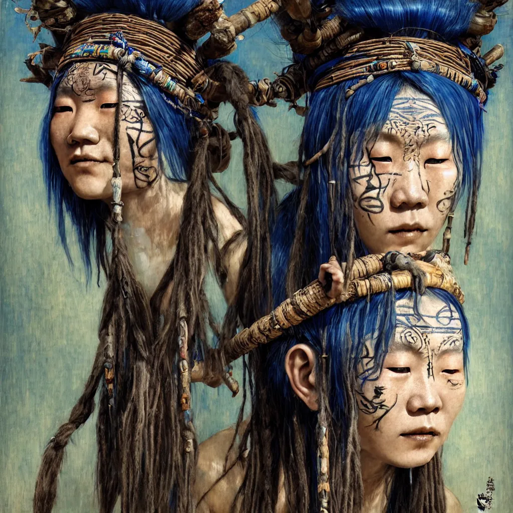 Image similar to A young blindfolded shaman japanese woman with a decorated headband performing a pagan ritual, in the style of heilung, blue hair dreadlocks and wood on her head, tribal piercing and tatoos , atmospheric lighting, intricate detail, cgsociety, ambient light, dynamic lighting, art by karol bak