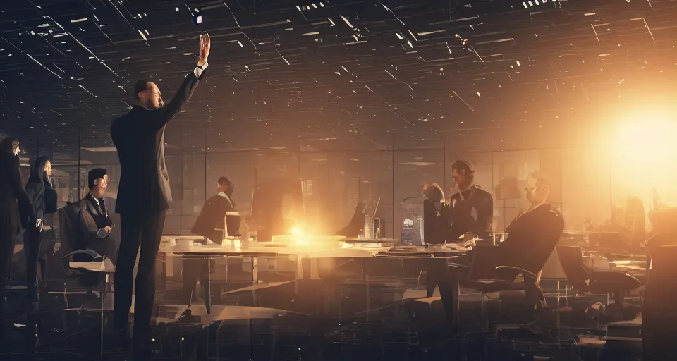 Image similar to Dramatic photo of a CEO waving to silhouettes of his coworkers in a futuristic office. Golden coins are levitating all around them. 8k, high detail, trending on Artstation, volumetric lighting, cyberpunk