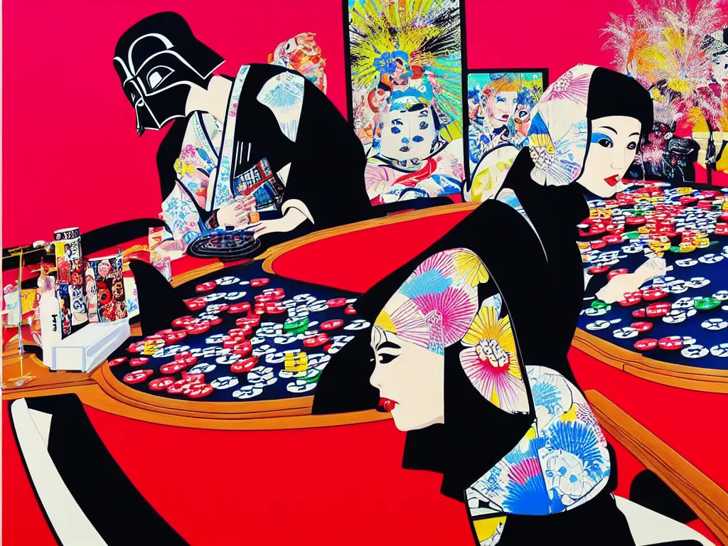 Image similar to hyperrealistic composition of the detailed woman in a japanese kimono sitting at a poker table with detailed darth vader, fireworks, mount fuji on the background, pop - art style, jacky tsai style, andy warhol style, acrylic on canvas