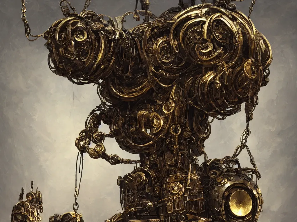 Prompt: concept art of a giant mechanical puppet made of brass and gold, hanging from wires in a dark moody interior, puppet, ornate, engraved highly detailed, fantasy, render, digital painting, raytracing, unreal engine, trending on artstation, illustration, in the style of piotr jablonski, artgerm and greg rutkowski, dishonored, arkane lyon