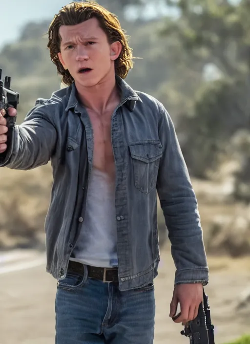 Image similar to film still of Tom Holland as Martin Riggs in Lethal Weapon, 4k