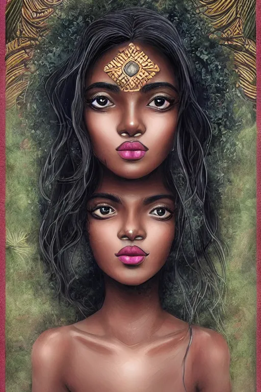 Image similar to A bust of a beautiful black skinned Sri Lankan girl with large lips and smooth eyebrows and straight hair, HD, illustration, epic, fantasy, intricate, elegant, amazing detail, digital painting, artstation, concept art, smooth, sharp focus, illustration, art by Turine Tran