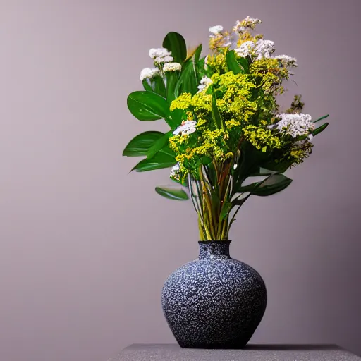 Prompt: a photo of 8k Ikebana in flower vase, full body, wide angle, sony a7r3, ultra detail, photorealistic, in simple background