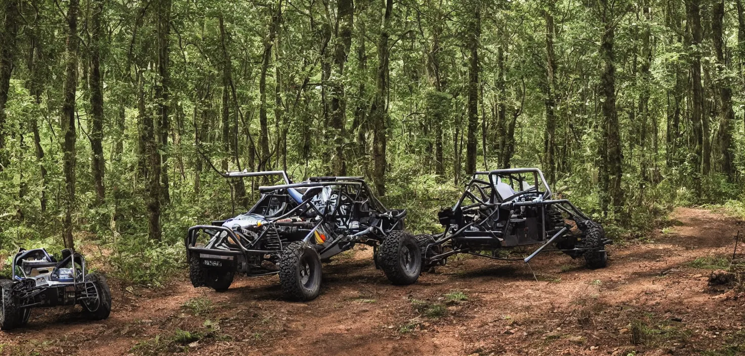 Image similar to off road buggy in the forest, artstatiom, 4 k, incredibly detailed