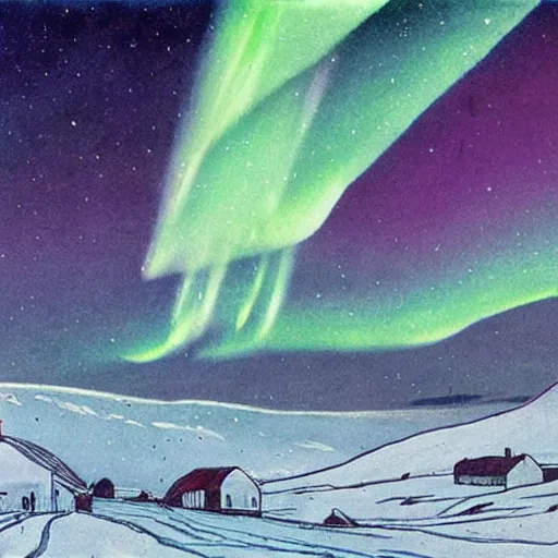 Image similar to northern lights in the art style of Theodor Kittelsen