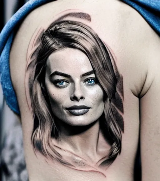 Image similar to tattoo design sketch double exposure of margot robbie with beautiful mountain scenery mash up, in the style of arlo dicristina, surrealist, amazing detail, sharp