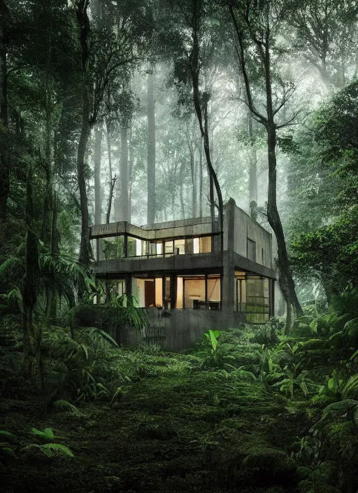 Image similar to an exquisite holiday home in the middle of a lush forest, visible through the lush overgrowth, architectural photography, dark and dim lighting, beautiful, tranquil, moody, cinematic, fantasy, 3 5 mm lens, volumetric lighting, first person view, photographic render, hyper realistic