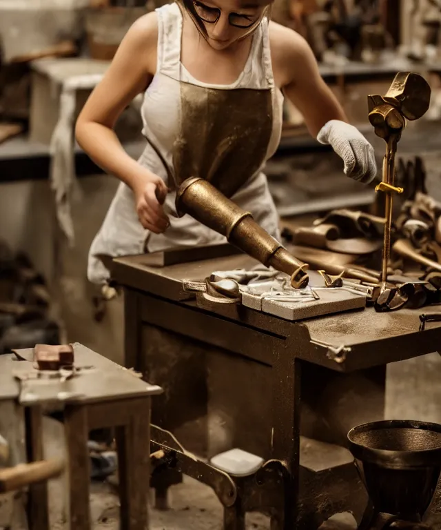 Image similar to A beautiful girl makes bronze gear on a workbench, 50mm photo, soft light, highly detailed, motion blur, trending on artstation