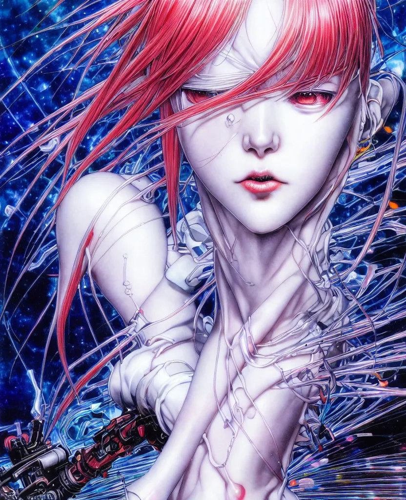 Prompt: realistic detailed image of ultra mega rainbow, realistic detailed female character, rei ayanami, symmetrical, depth perception, masterpiece, depth of field, action horror, gothic, vivid colors. art by yoshitaka amano, by yukito kishiro, by yoshiyuki sadamoto, by artgerm, by hajime sorayama