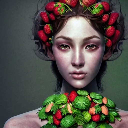 Image similar to the portrait of an absurdly beautiful, graceful, elegant, sophisticated woman made of strawberries and green petals, an ultrafine hyperdetailed illustration by kim jung gi, irakli nadar, fitness model, intricate linework, bright colors, octopath traveler, final fantasy, unreal engine 5 highly rendered, global illumination, radiant light, detailed and intricate environment