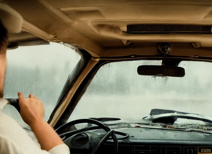 Image similar to A very high resolution image from a new movie, inside of a car, raining, hot, directed by wes anderson