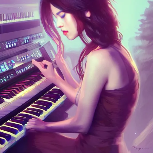 Image similar to composer, kissing a synth keyboard, highly detailed, digital painting, artstation, concept art, sharp focus, illustration, art by Ross tran