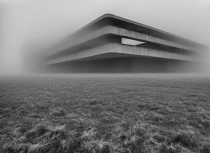 Image similar to high resolution black and white photography with a 3 5 mm f / 2 2. 0 lens of brutalist architectural buildings in belarus in the middle of nowhere in the 1 9 8 0 s, there is fog. fine art photography and very detailed