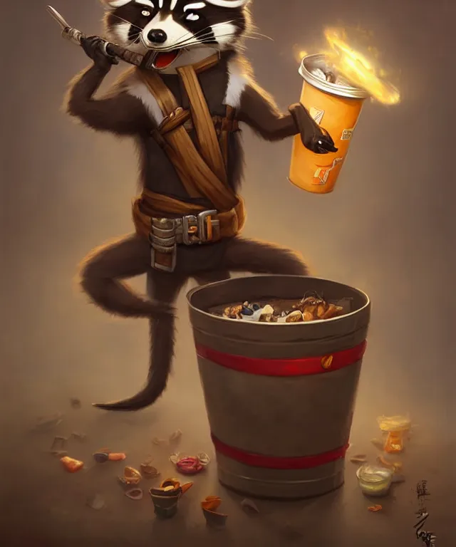 Prompt: a portrait of an anthropomorphic ninja raccoon eating out of a trash can, standing in a restaurant, cute and adorable, dnd character art portrait, well rendered matte fantasy painting, deviantart artstation, by jason felix by steve argyle by tyler jacobson by peter mohrbacher, cinematic lighting