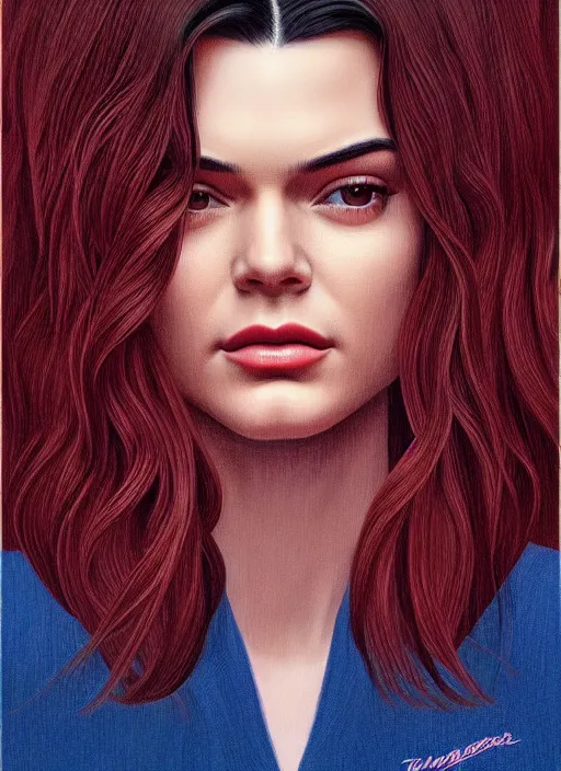 Prompt: twin peaks movie poster art, portrait of kendall jenner, from scene from twin peaks, clean, simple illustration, nostalgic, domestic, highly detailed, digital painting, artstation, concept art, smooth, sharp focus, illustration, artgerm, donato giancola, joseph christian leyendecker, wlop