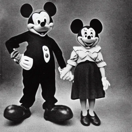 Image similar to depression - era photograph of mickey mouse and minnie mouse in the style of dorothea lange