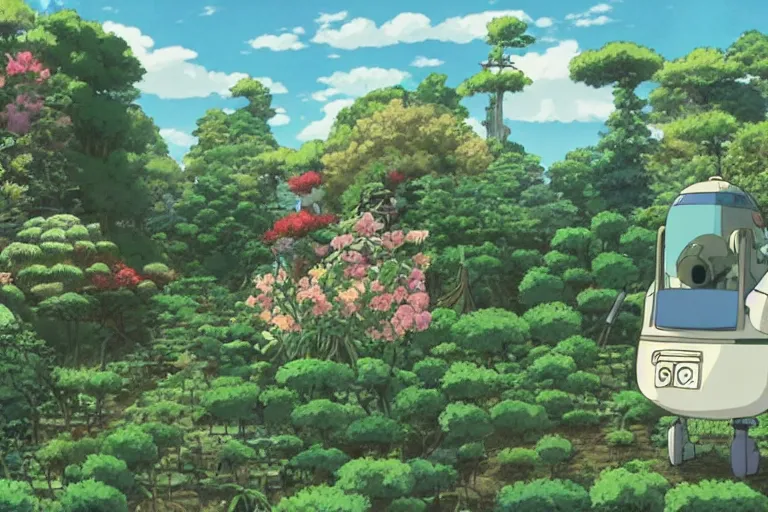 Prompt: still from the miyazaki anime film garden in the sky, a garden in the clouds, robot gardener, beautiful garden island, studio ghibli cartoon