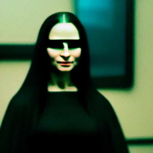 Image similar to cinematic movie still of cybernetic character named Mona Lisa in The Matrix, futuristic eye implant, cyberpunk, XF IQ4, 150MP, 50mm, F1.4, ISO 200, 1/160s, twilight in the city