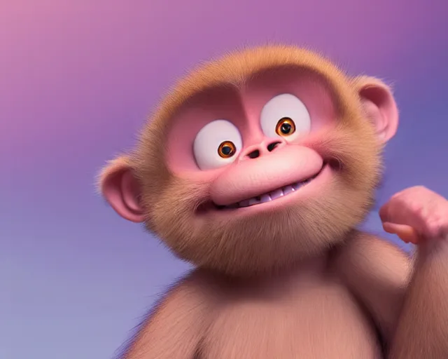 Prompt: 3D Pixar movie animation render of the cutest little pink fluffy monkey capuchin with angel wings with a big lovely grin smile sweet adorable cherub, octane render, pastel colors, soft clouds and soft gradient background
