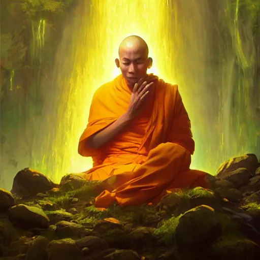 Image similar to a wise monk meditates under a waterfallto pieces with glowing yelow visor as a realistic, torso, art by james jean and greg rutkowski!!, realistic face, like fantasy, digital art, art, trending on artstation, 8 k